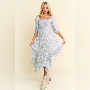 Davi & Dani Contrast Ric Smocking Bodice Tiered Midi Dress